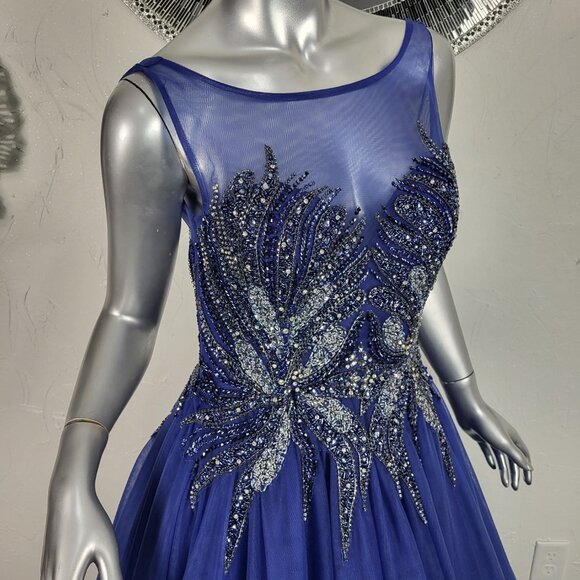 NWT~$625~FLAIR~6~BLUE BEADED EMBELLISHED FIT & FLARE PROM BALL GOWN MAXI DRESS - Picture 2 of 16